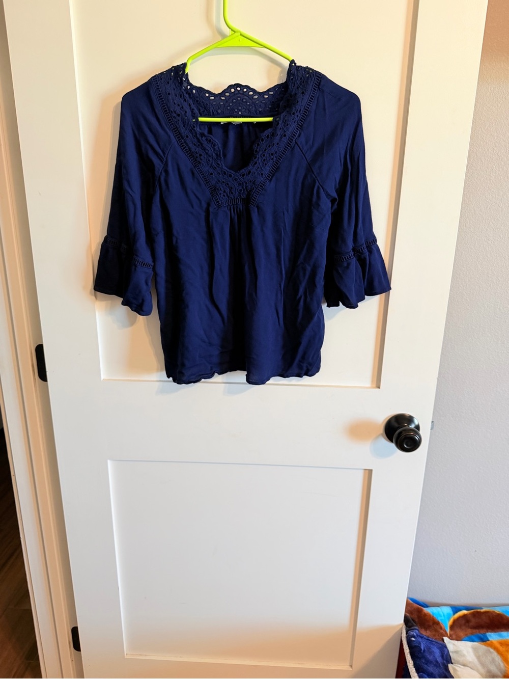 Daniel Rainn Navy Crochet V-Neck Blouse